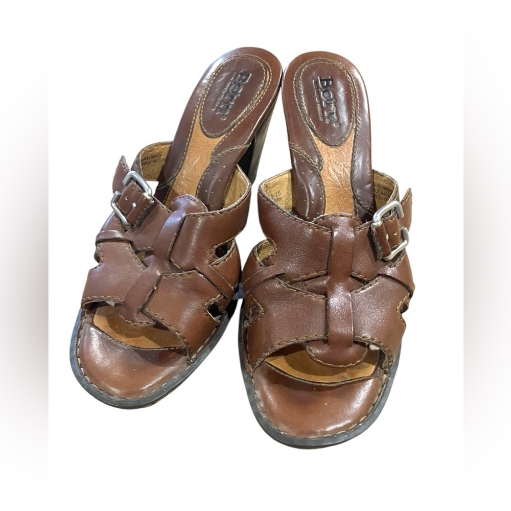 Born Sandals Womens 8 Brown Leather Open Toe Slip On Casual Heels Sandals Slide
